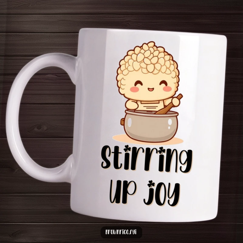 Funny Mug: A brown rice character in a tiny apron happily stirring a pot, embracing culinary fun.