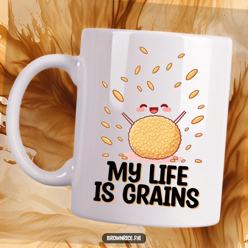 Funny happy brown rice ball actively tossing brown rice grains into the air, a joyful cartoon illustration on a ceramic mug.