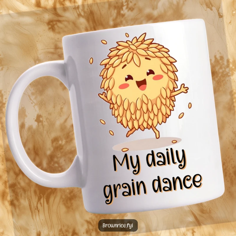 Funny Mug depicting a happy brown rice cluster character joyfully jigging, its grains bouncing rhythmically to convey pure delight.