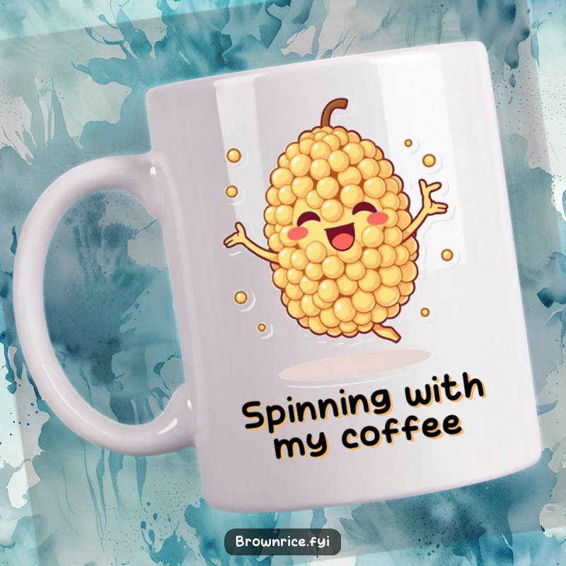 Funny mug featuring a quinoa grain character spinning joyfully, celebrating healthy living with a cheerful, energetic vibe.