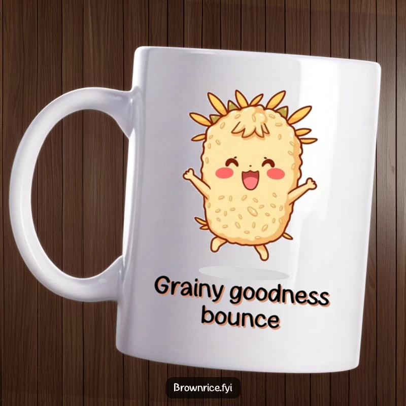 Funny mug with a brown rice character joyfully bouncing, radiating happiness and energy.