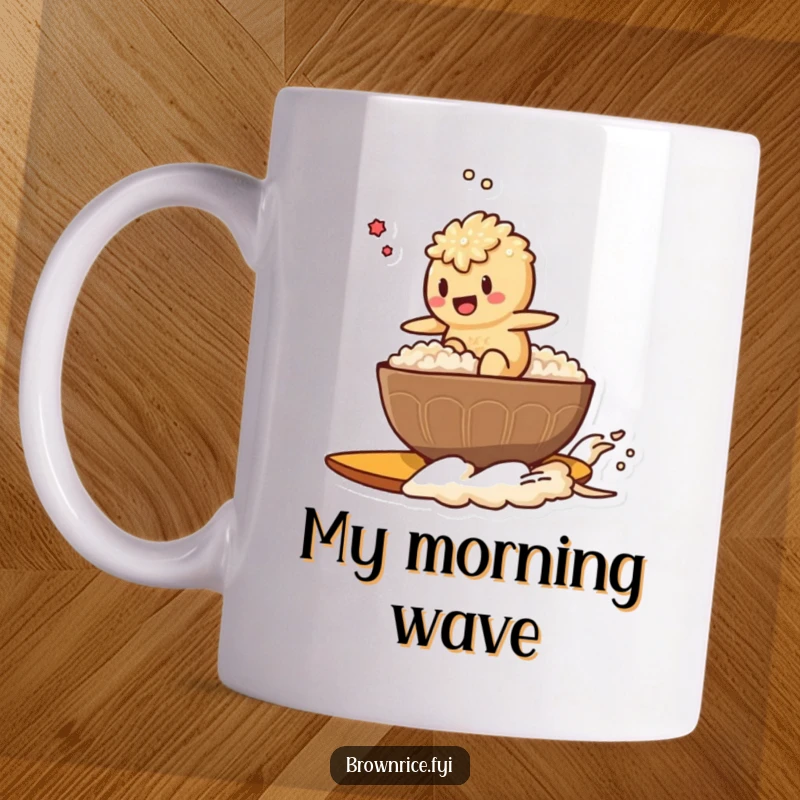 Funny mug featuring a brown rice character joyfully surfing on a steaming bowl of rice, embodying a fun and adventurous spirit.