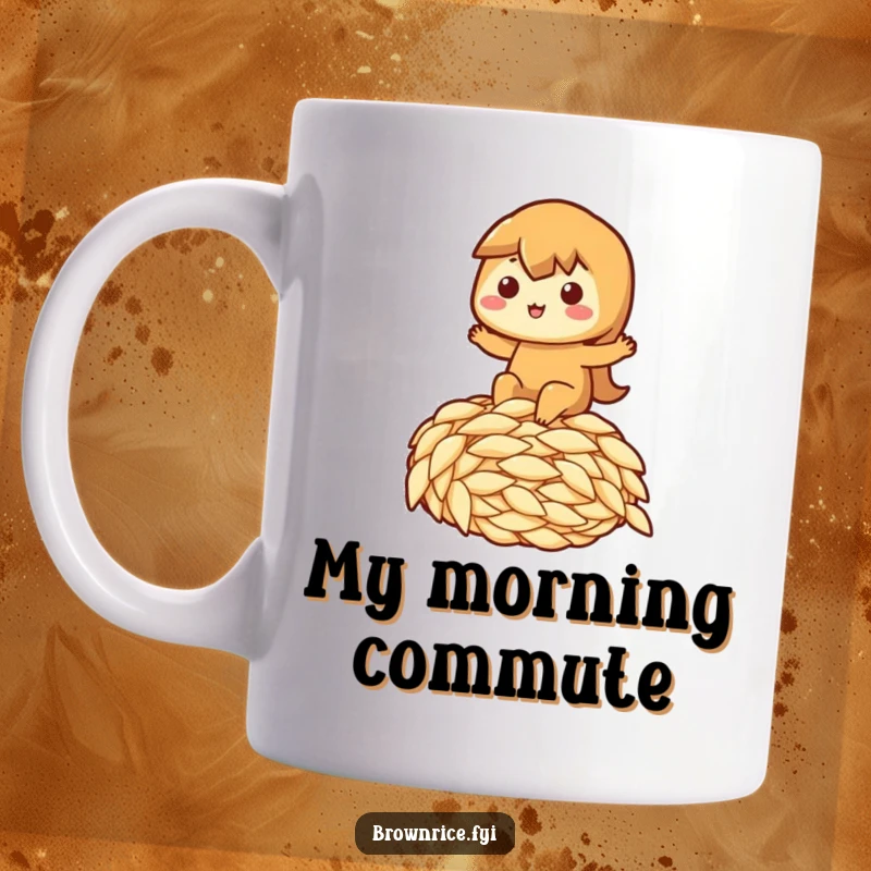 Funny mug depicting a happy brown rice character joyfully riding a giant grain of rice, a whimsical funny gift.