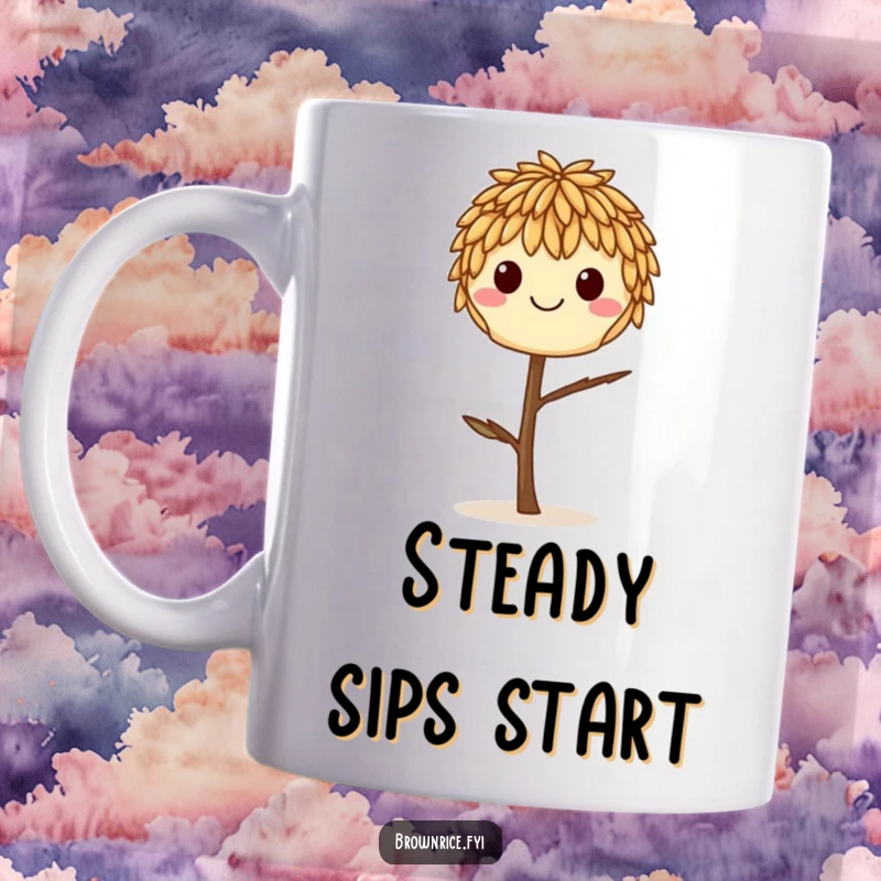 Funny smiling brown rice grain precariously balancing on a single thin twig, looking content on a mug.