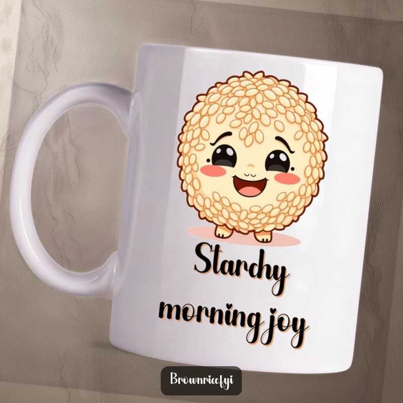 Funny brown rice character with a comically wide smile, radiating happiness and starches, on a humorous mug.