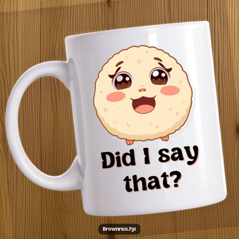 Funny surprised brown rice ball with wide eyes from laughter, a humorous cartoon illustration on a ceramic coffee mug.