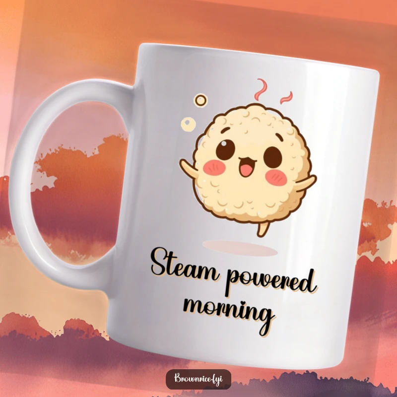 Funny mug featuring a brown rice grain character with a surprised expression, levitating with steam, evoking a comical, unexpected moment.