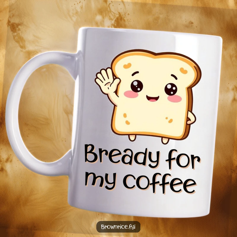 Funny mug featuring a cute piece of toast character waving hello with a friendly smile, spreading morning cheer.