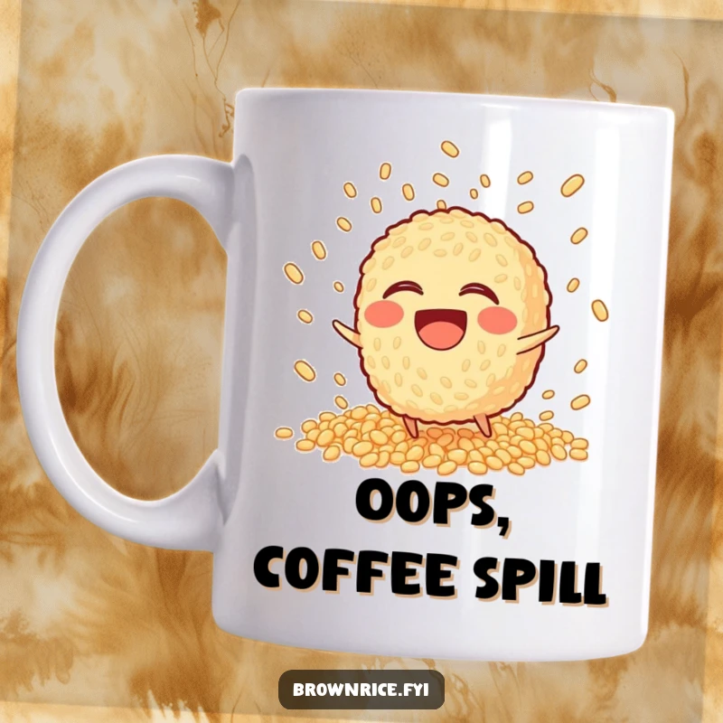 Funny Mug depicting a laughing brown rice character tripping, scattering its grains in a playful, chaotic explosion.