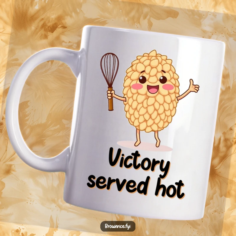 Funny mug with an anthropomorphic brown rice grain character doing a jubilant victory dance with a whisk, celebrating a culinary win.