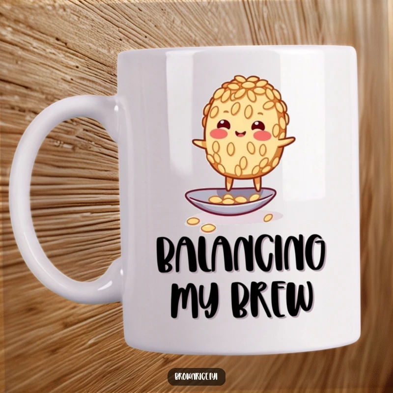 Funny wobbly brown rice grain character precariously balancing on a spoon, expressing a humorous struggle for balance on a mug.