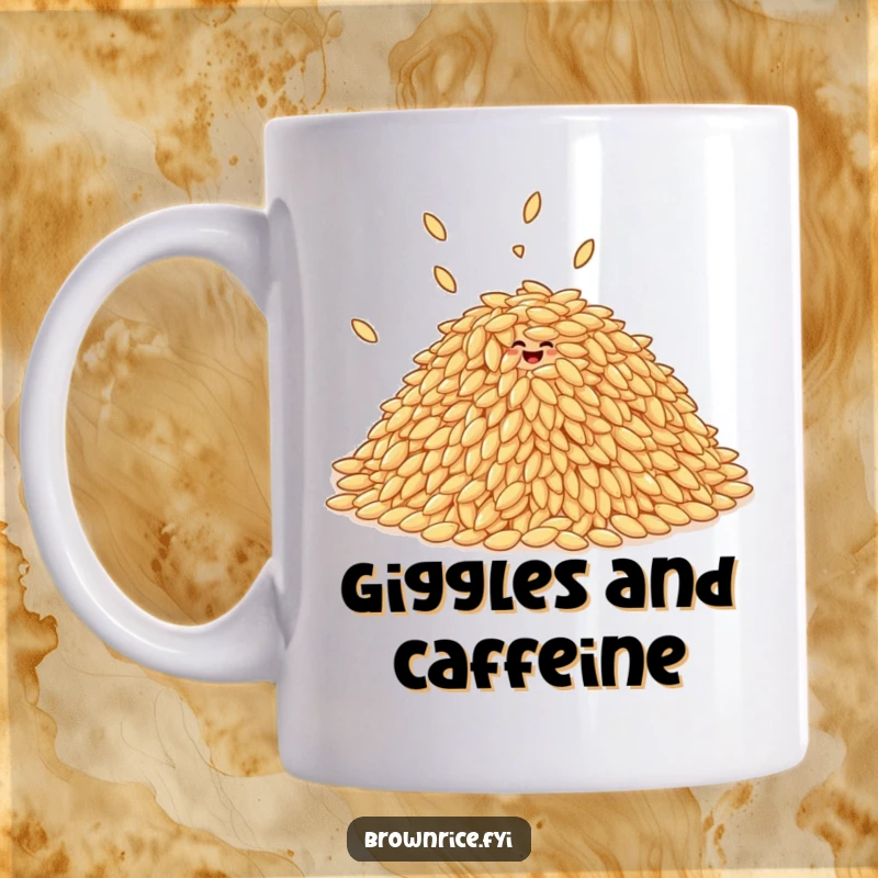Funny pile of brown rice grains giggling and bouncing playfully together on a mug.