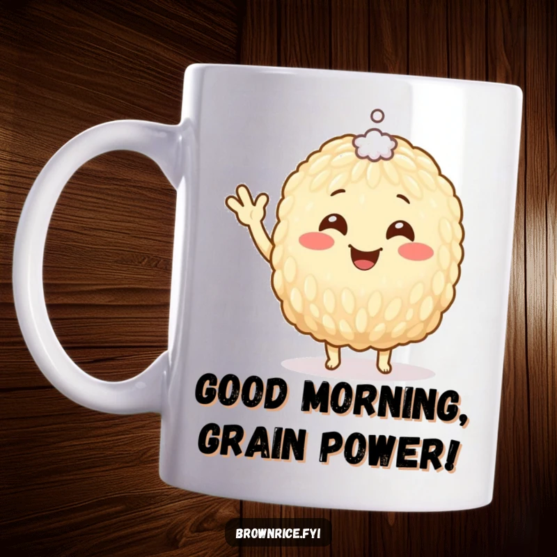 Funny Mug featuring a beaming brown rice grain character waving hello with a tiny salt speck adorably perched on its head.