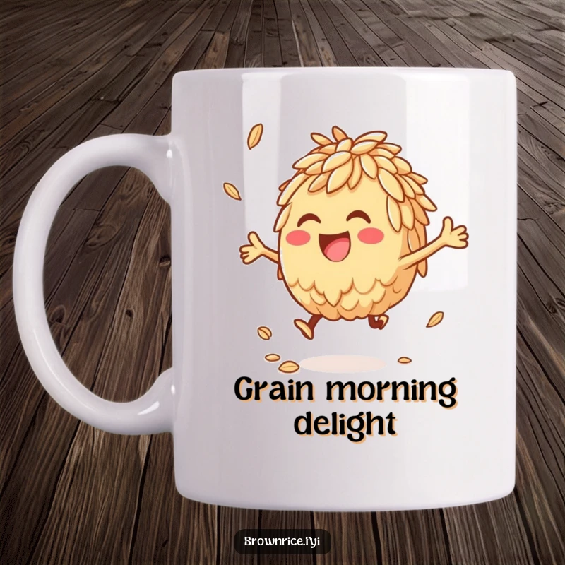 Anthropomorphic brown rice character joyfully bouncing a grain, a fun and humorous mug.