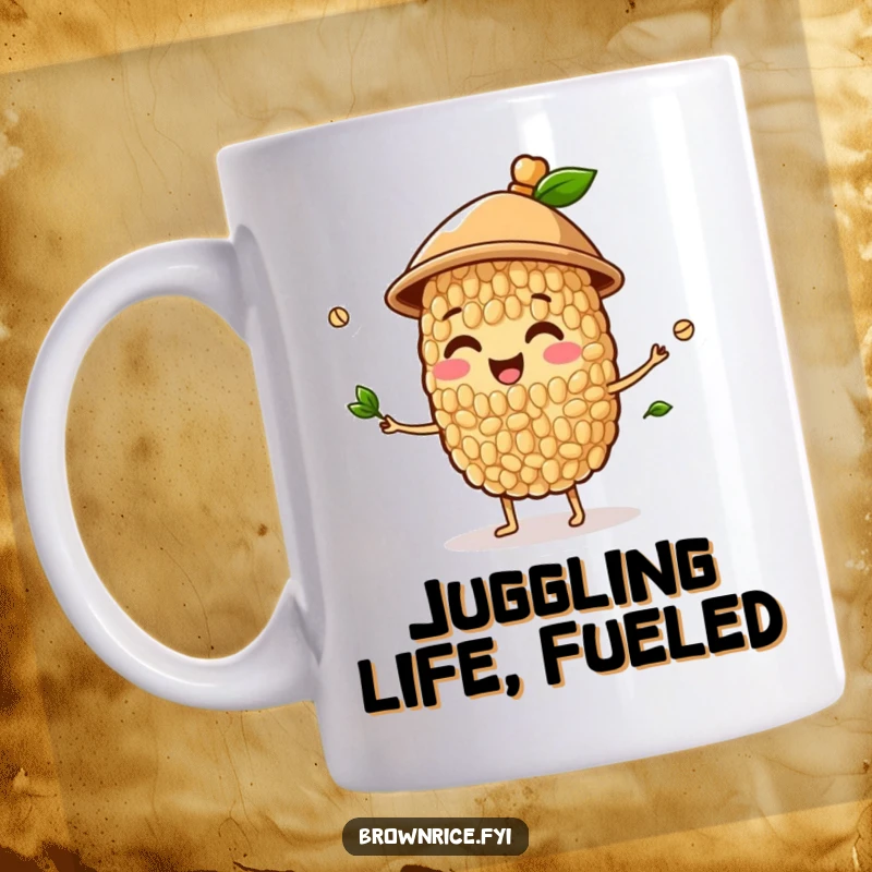 Funny mug featuring a happy brown rice grain character wearing a hat and skillfully juggling small sprouts.
