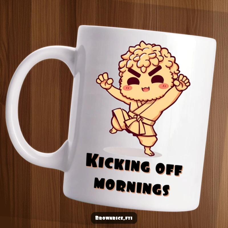 Funny mug featuring a brown rice character performing a playful martial arts kick, embodying energy and humor.