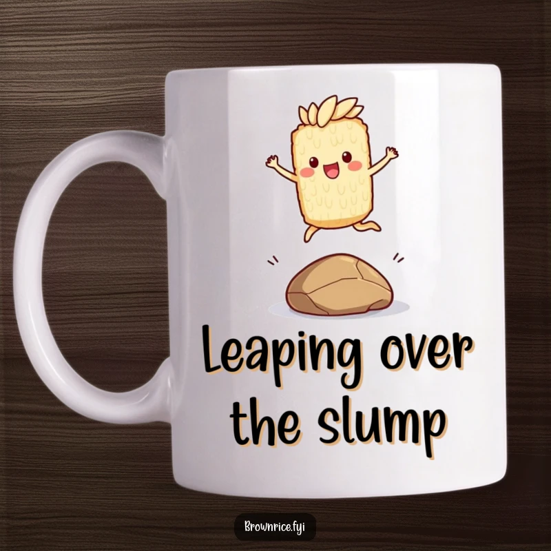 Funny mug featuring a brown rice character joyfully leaping over a small pebble with an energetic and happy expression.