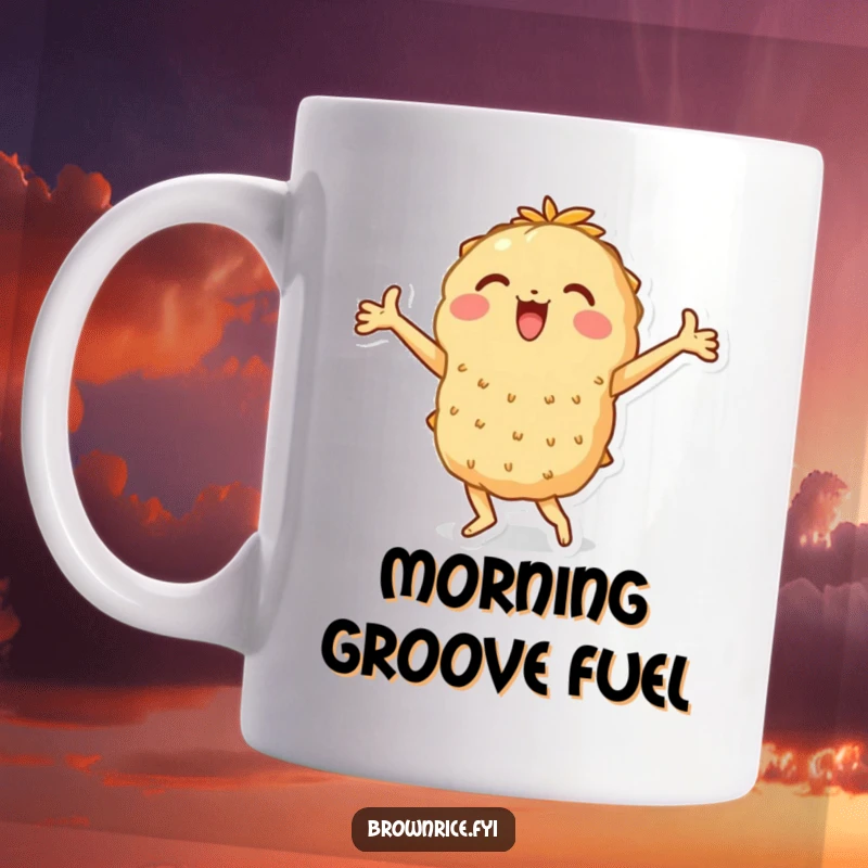 Funny mug featuring a brown rice character performing an exuberant dance with arms spread wide, a joyful funny gift.