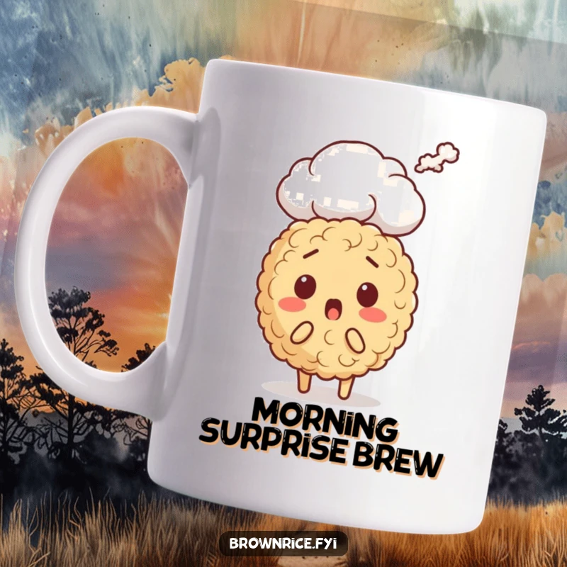 Funny brown rice character mug, eyes wide with shock as a large steam cloud unexpectedly rises around it, perfect gift.