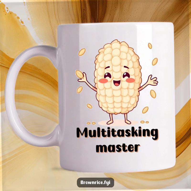 Funny smiling grain of rice character skillfully juggling smaller rice grains, depicted on a humorous mug.