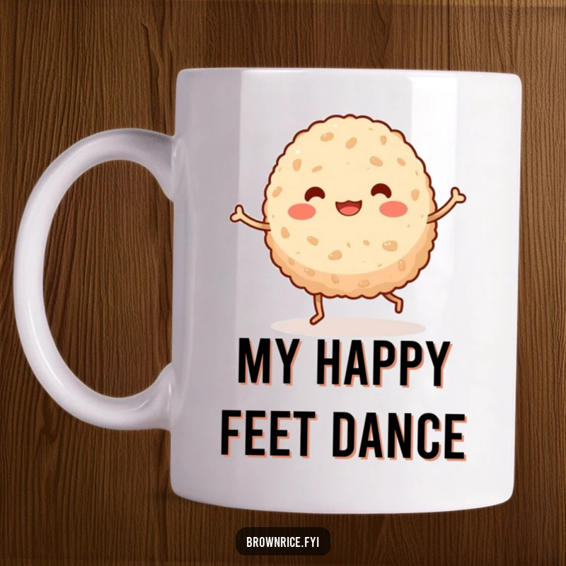 Funny Kawaii brown rice ball with tiny legs doing a silly, energetic dance on a white background, showcasing its joyful movement.