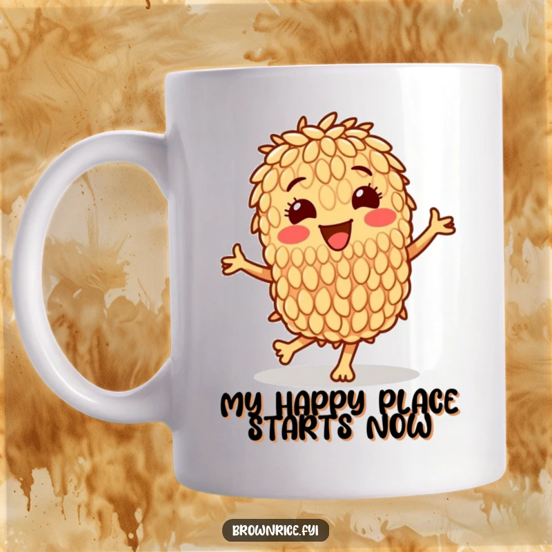 Funny mug featuring a happy brown rice grain character dancing with pure joy, celebrating life's simple pleasures.