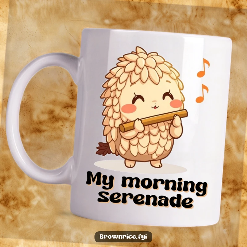 Funny Brown Rice Mug featuring a joyful brown rice character playing a miniature flute, radiating happiness with a musical melody.