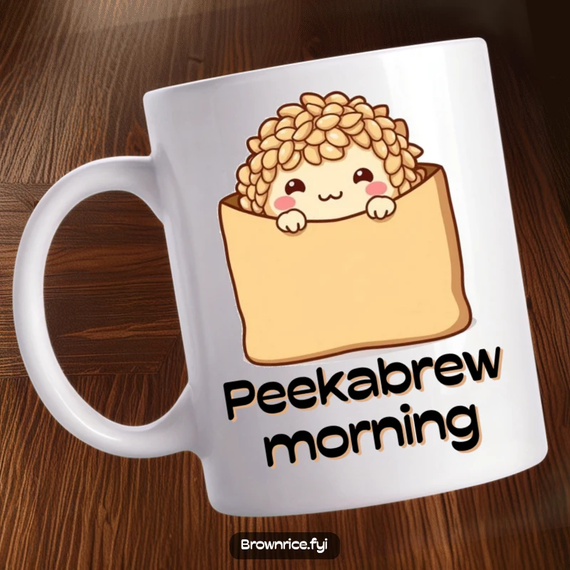 Funny Mug featuring a shy brown rice character peeking from a brown paper bag with a warm, inviting smile.