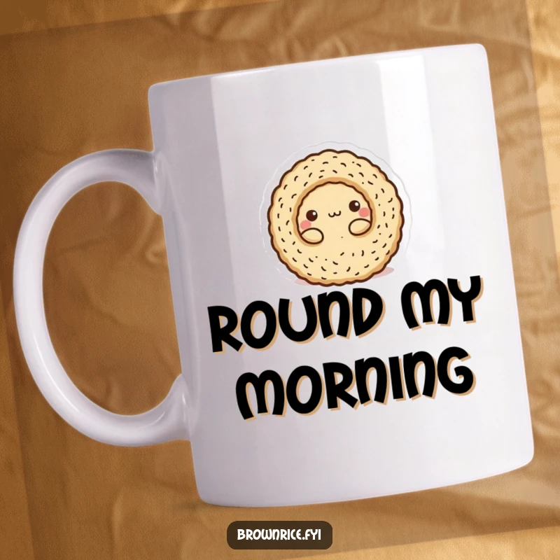 Funny Mug: A cute brown rice character playfully rolled into a neat, round ball, looking content.