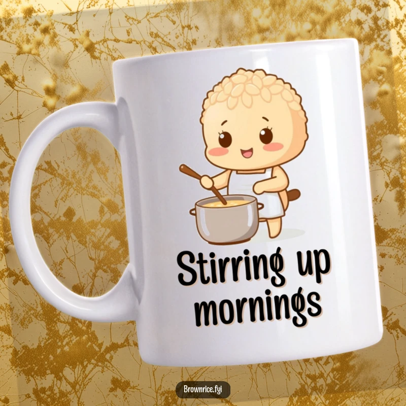 Brown rice character wearing a tiny apron, stirring a pot, a humorous mug for chefs.