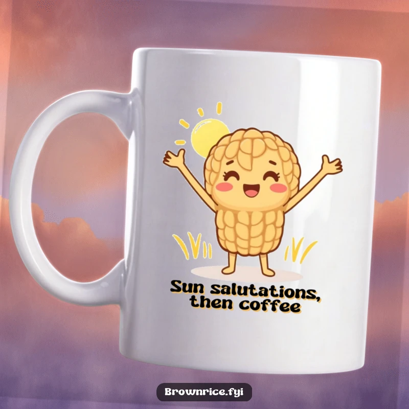 Funny mug featuring a cheerful brown rice grain character with arms stretched wide, happily greeting the sun in a vibrant morning stretch.