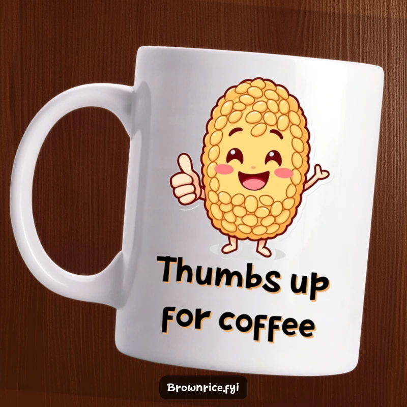 Funny jolly brown rice grain character giving a positive thumbs-up gesture, expressing happiness and approval on a mug.
