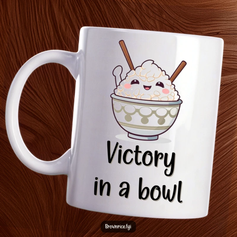 Funny, cute rice bowl character holding chopsticks high in a victorious pose, perfect for a funny mug.