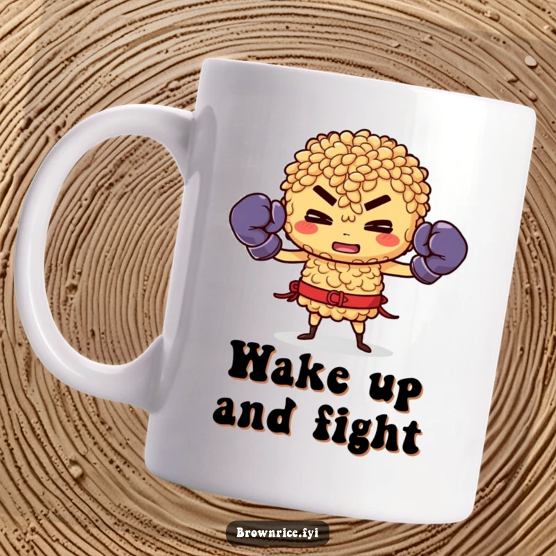 Funny Brown Rice Mug: Brown rice character wearing boxing gloves, ready to fight, energetic and humorous.