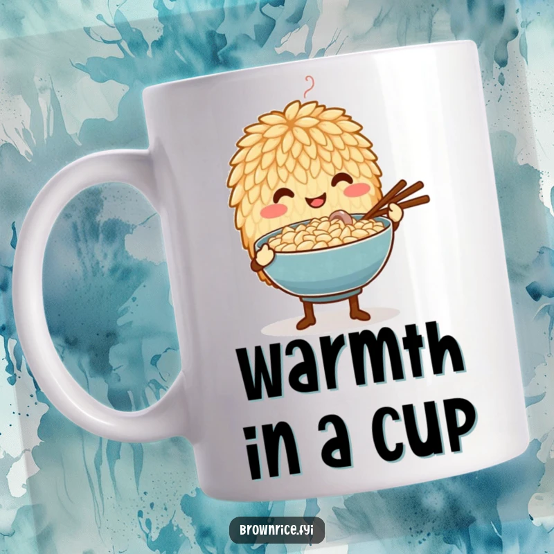 Funny mug featuring a brown rice grain character gently offering a steaming bowl of food with a tender, caring expression.