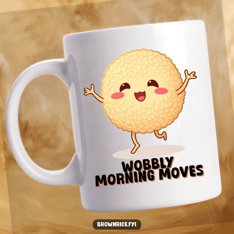 Funny brown rice ball doing a silly dance with wobbly legs, a joyful cartoon illustration on a ceramic coffee mug.