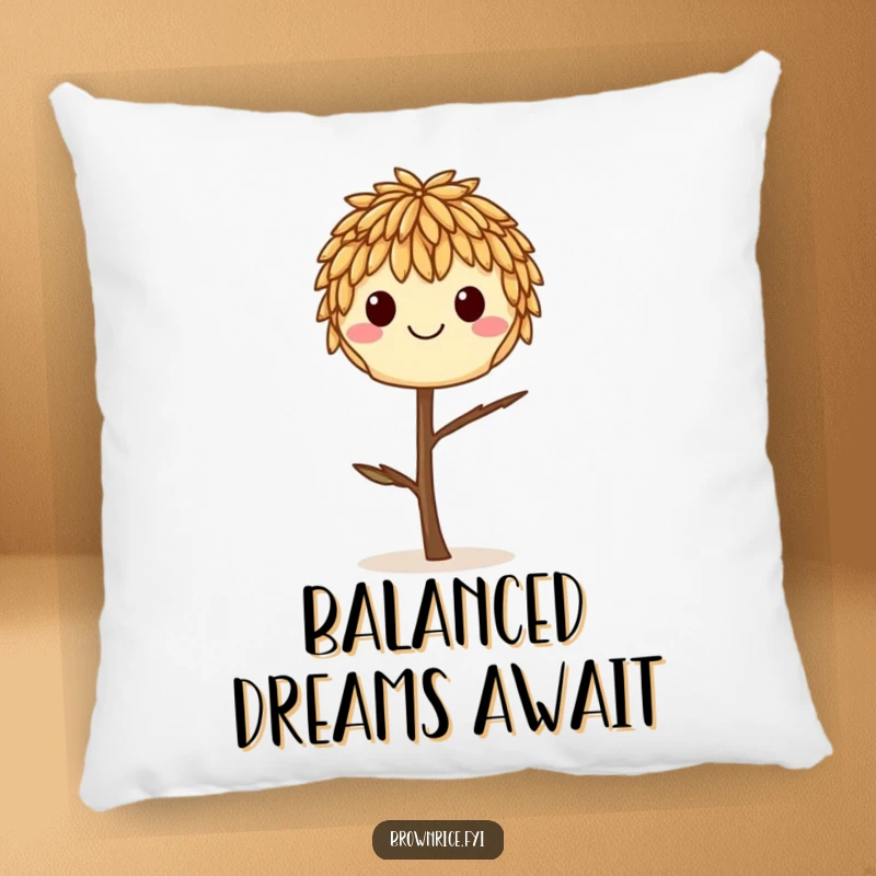Funny smiling brown rice grain balancing on a thin twig, printed on a soft and decorative pillow.