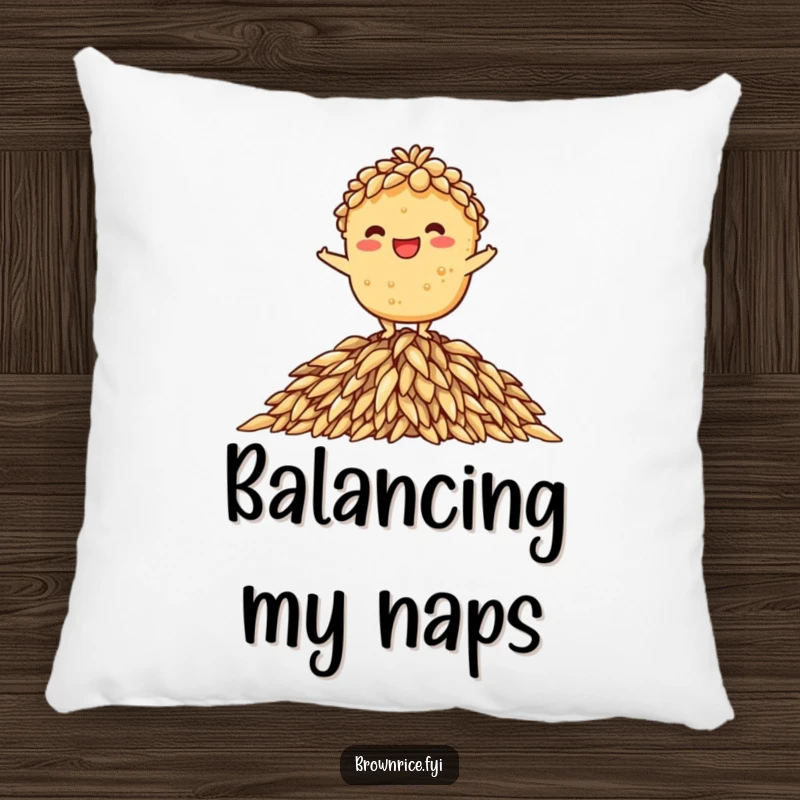 Funny pillow featuring a brown rice character grinning while balanced on a pile of rice, perfect funny gift.