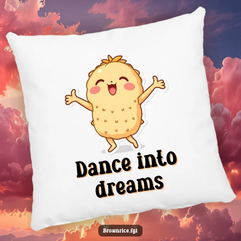 Funny pillow featuring a brown rice character in a joyful dance stance with arms flaring, perfect funny gift.