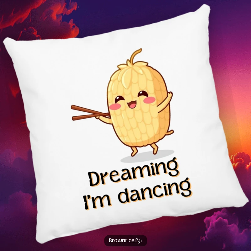 Funny pillow featuring a cheerful brown rice grain character dancing with chopsticks, adding comfort and lively charm.