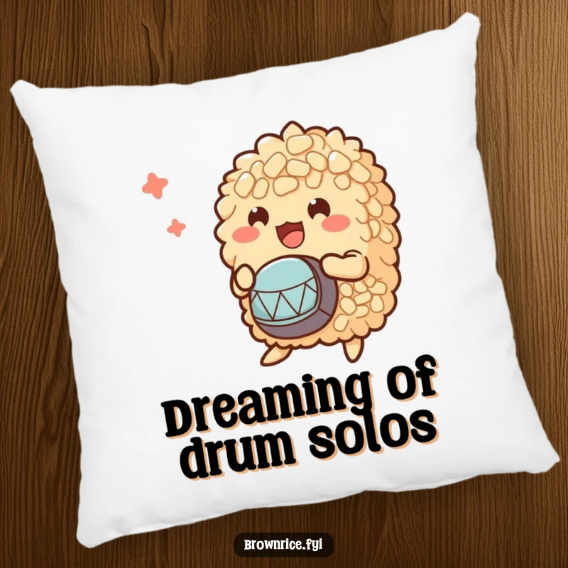 Funny pillow featuring a clump of brown rice characters energetically playing small drums, perfect for adding comfort and fun.