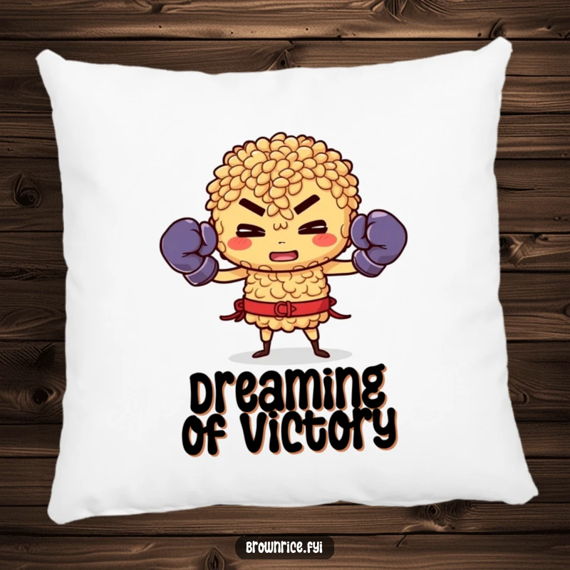 Funny Brown Rice Pillow: Brown rice character with boxing gloves, ready to fight, soft and humorous.