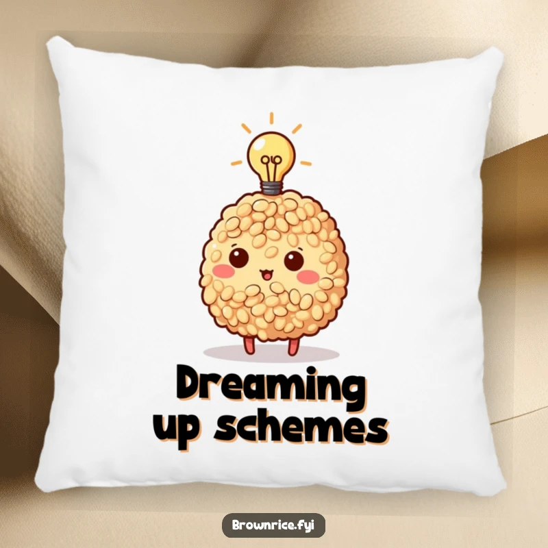 Funny Brown Rice Pillow showcasing a brown rice character with a bright lightbulb, perfect for adding cozy inspiration.