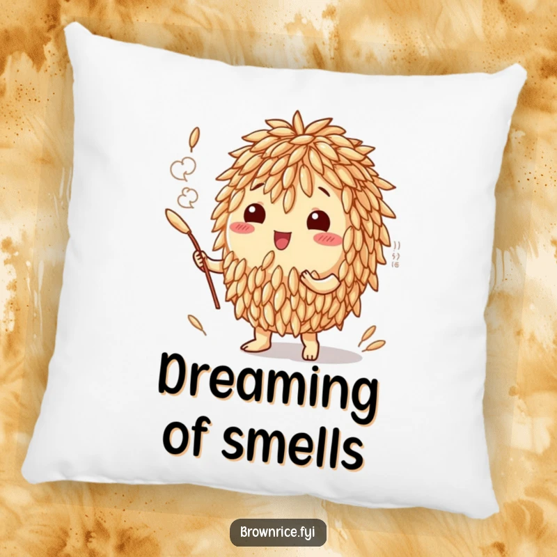 Funny pillow featuring a brown rice grain character surrounded by a wafting cloud of delicious aroma, suggesting delightful culinary experiences.