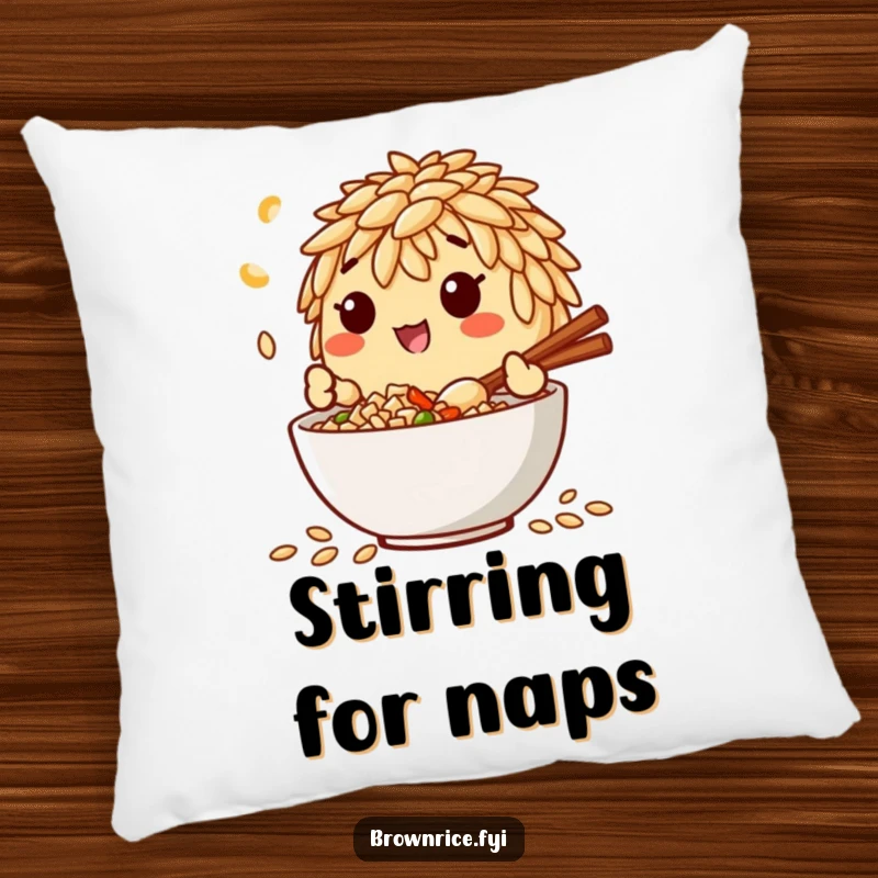 Funny pillow featuring a brown rice grain character happily mixing ingredients in a bowl, bringing comfort and culinary charm.