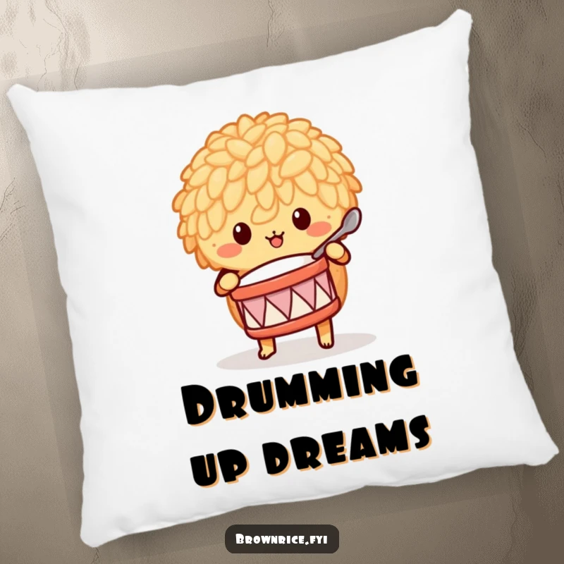 Funny brown rice character drumming with a spoon, depicted as a soft and humorous decorative pillow.