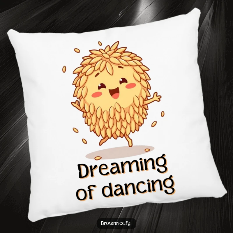 Funny Pillow with a happy brown rice cluster character doing a joyful jig, its grains bouncing rhythmically for snuggly fun.