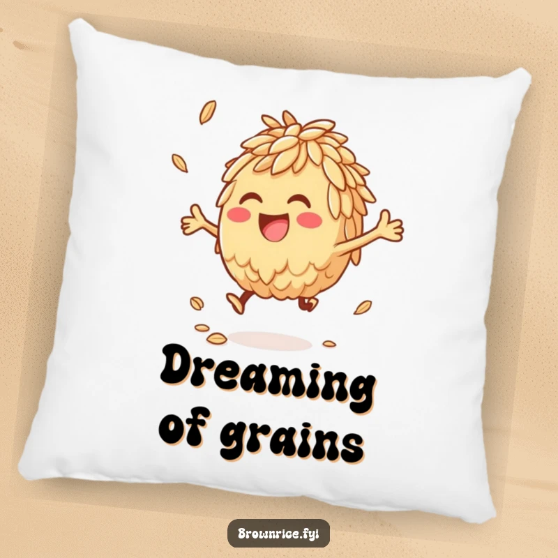 Anthropomorphic brown rice character joyfully bouncing a grain, a soft and humorous pillow accent.
