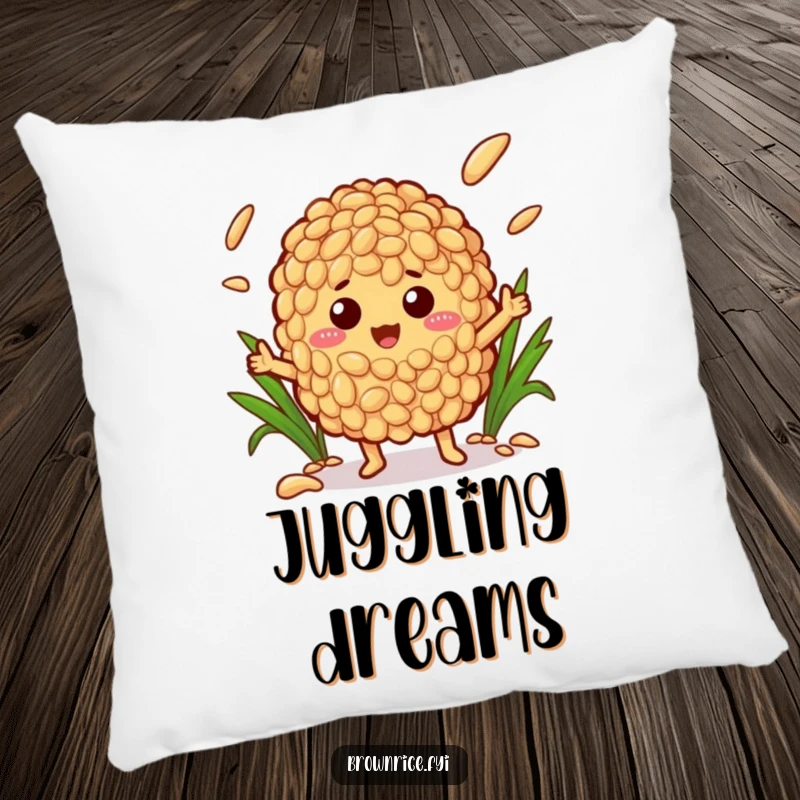 Funny pillow featuring a cute brown rice character happily juggling various grains of rice, perfect for adding humor to a couch.