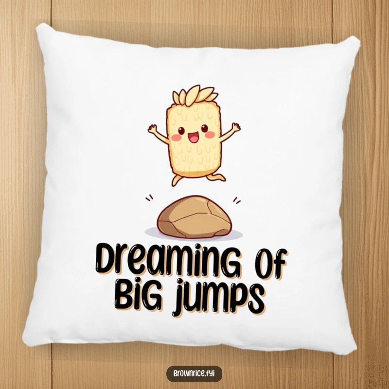 Funny pillow featuring a brown rice character joyfully leaping over a small pebble, perfect for adding comfort and a playful spirit.